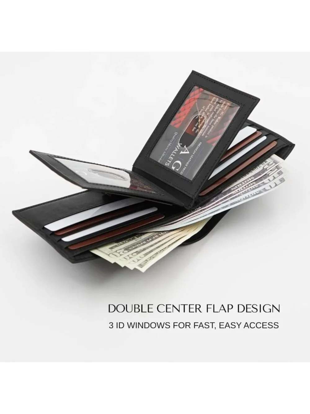Stylish Black Bifold Leather Wallet for Men, 3 ID Windows & Zipper Pocket